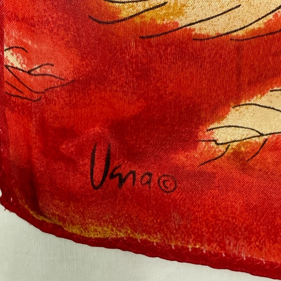 Vera Ibiza Silk Red Scarf With Gold and Green Leaves 52" Long - Picture 9 of 10